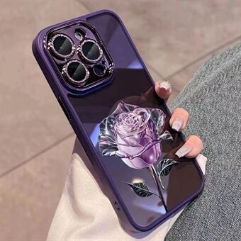 For iPhone 14 Pro Max Rose Flower Pattern Glitter Camera Ring Phone Case TPU Cover with Lens Film
