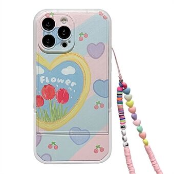 For iPhone 14 Pro Max Kickstand Phone Case Heart Pattern Oil Painting TPU Cover with Wrist Strap