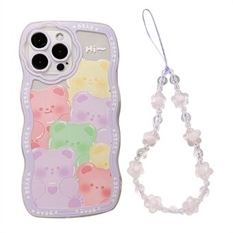 For iPhone 14 Pro Max Mobile Phone Case Clear TPU Cover with Bear Pattern and Purple Flower Wrist Strap