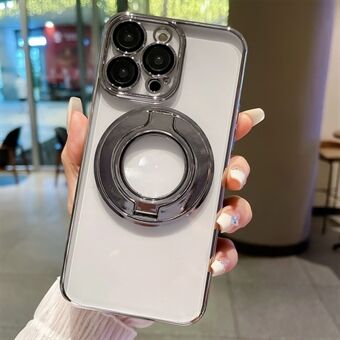 For iPhone 14 Pro Max Electroplating Clear PC Cover Compatible with MagSafe Ring Kickstand Phone Case with Lens Film