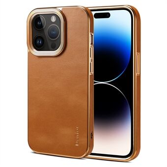 DENIOR Electroplating Phone Case for iPhone 14 Pro Max , Genuine Cow Leather+PC Drop Protection Cover