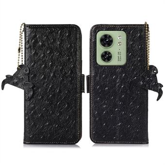 For Motorola Edge 40 5G Genuine Cow Leather RFID Blocking Case Ostrich Pattern Stand Wallet Phone Cover
