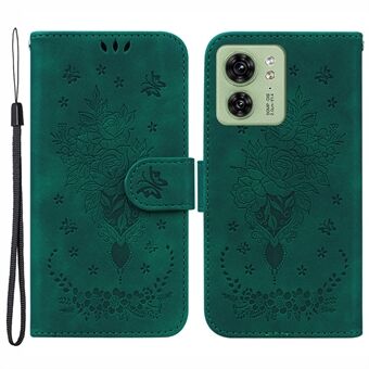 For Motorola Edge 40 5G PU Leather Stand Case Rose Butterfly Imprinted Wallet Phone Cover with Strap