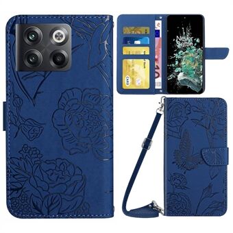 For OnePlus 10T 5G / Ace Pro 5G Skin-touch Magnetic Leather Folio Flip Cover Butterfly Flowers Imprinting Stand Wallet Case with Shoulder Strap