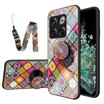 For OnePlus 10T 5G / Ace Pro 5G Flower Pattern Tempered Glass + Hard PC + Soft TPU Hybrid Cover Kickstand Phone Case with Lanyard
