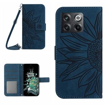 Anti-scratch Skin-touch Phone Case For OnePlus 10T 5G / Ace Pro 5G HT04 Imprinted Sunflower PU Leather Wallet Stand Cover with Shoulder Strap