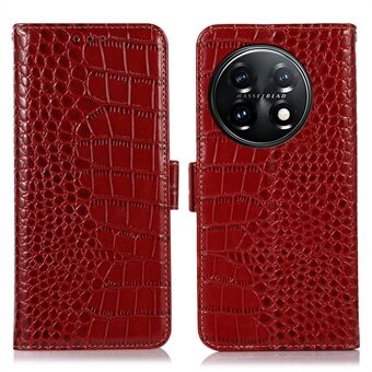 Phone Wallet Case for OnePlus 11 5G, RFID Blocking Crocodile Texture Genuine Cowhide Leather Stand Phone Cover