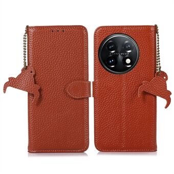 For OnePlus 11 5G RFID Blocking Stand Shell Cover Genuine Cow Leather Litchi Texture Wallet Case