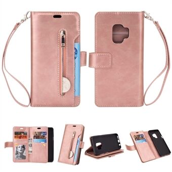 Zippered Leather Magnetic Stand Wallet TPU Shell with Strap for Samsung Galaxy S9 G960
