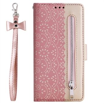Lace Flower Pattern Zipper Pocket Leather Wallet Phone Casing with Bow Lanyard for Samsung Galaxy S10