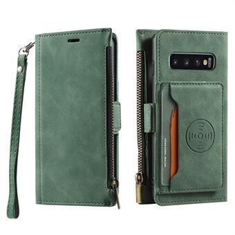 Card Slots Buckle Zipper Wallet Strap Full Protection Retro Leather Cell Phone Cover with Stand for Samsung Galaxy S10