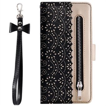 Lace Flower Pattern Zipper Pocket Leather Wallet Case with Bow Lanyard for Samsung Galaxy S10 Plus