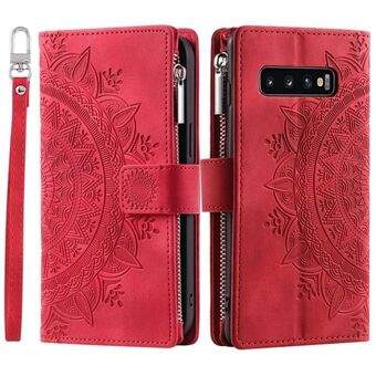 Mandala Flower Imprinted PU Leather Case for Samsung Galaxy S10 Plus 4G Magnetic Clasp Protection Cover with Zippered Wallet / Strap