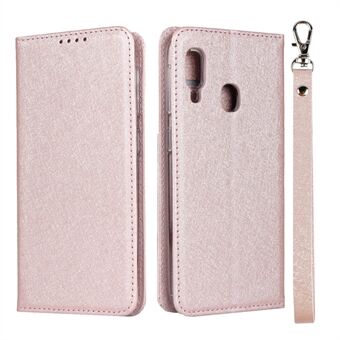 Silk Texture Leather Wallet Stand Phone Case Cover with Strap for Samsung Galaxy A20e