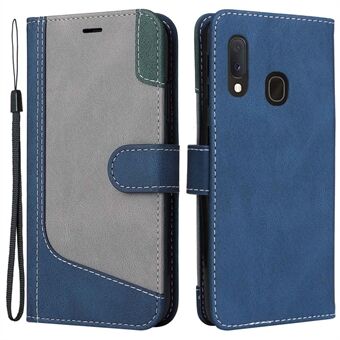 For Samsung Galaxy A20e A202 Three-color Splicing PU Leather Wallet Flip Cover Magnetic Closure Stand Folio Case with Wrist Strap