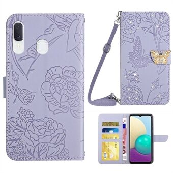 For Samsung Galaxy A20e Skin-touch Leather Case with Shoulder Strap, Butterfly Flowers Imprinting Wallet Stand Rhinestone Decor Phone Shell