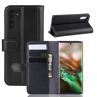 Genuine Split Leather Wallet Phone Shell Cover Case with Stand for Samsung Galaxy Note 10 - Black
