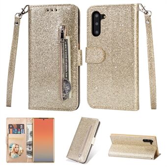 Flash Powder Zippered Stand Leather Wallet Phone Case with Strap for Samsung Galaxy Note 10/Note 10 5G