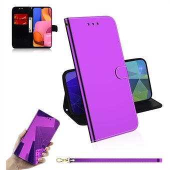 Mirror-like Surface Leather Wallet Stand Cell Phone Cover for Samsung Galaxy A20s