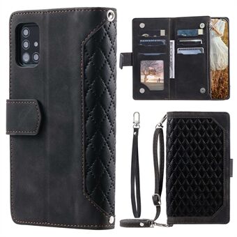 005 Style For Samsung Galaxy A51 4G SM-A515, Rhombus Texture Wallet Style PU Leather Phone Case Zipper Pocket Stand Feature Shell with Strap