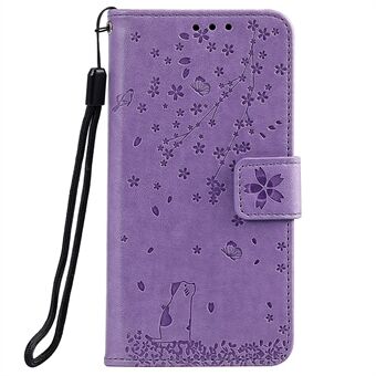 Imprint Sakura Cat Leather Covering with Card Slots for Samsung Galaxy A71