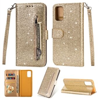 Glitter Powder Zippered Stand Leather Wallet Case with Strap for Samsung Galaxy S20 Plus / S20 Plus 5G