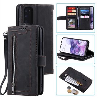 Zipper Pocket Wallet Stand Flip Leather Cell Phone Cover Casing for Samsung Galaxy S20 Plus/S20 Plus 5G  - Black