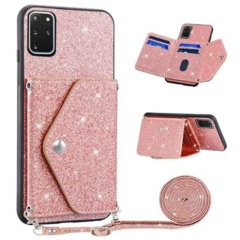 For Samsung Galaxy S20 Plus 4G / 5G Glitter Phone Case Leather Coated TPU Card Holder Cover with Kickstand