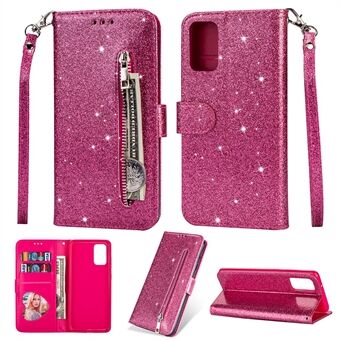 Flash Powder Zipper Pocket Leather Wallet Case Phone Shell for Samsung Galaxy S20