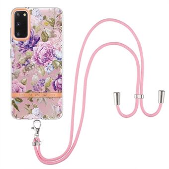 YB IMD-9 Series IMD IML Electroplating Phone Case for Samsung Galaxy S20 4G/S20 5G, Soft TPU Flower Pattern Phone Cover with Lanyard