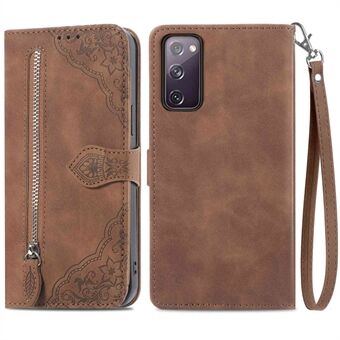 For Samsung Galaxy S20 FE 2022/4G/5G/S20 Lite Zipper Pocket Design Imprinted Leather Phone Case Stand Wallet Style Magnetic Cover with Strap