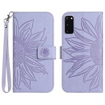 For Samsung Galaxy S20 4G / 5G HT04 Phone Case, Fully Wrapped Skin-Touch PU Leather Imprinted Sunflower Stand Wallet Cover with Hand Strap