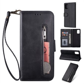 Zipper Pocket Leather Wallet Case Protective Cover Shell for Samsung Galaxy A41 (Global Version) - Black