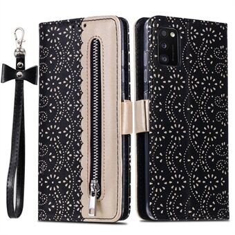 Lace Flower Pattern Zipper PU Leather Wallet Stand Case Shell for Samsung Galaxy A41 (Global Version)