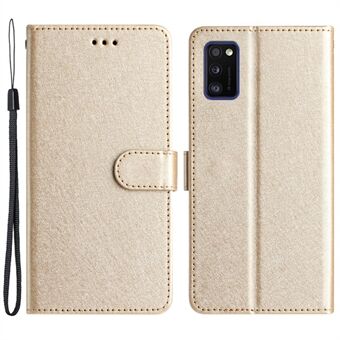 Magnetic Clasp Case for Samsung Galaxy A41 (Global Version) Silk Texture Leather Wallet Stand Shell with Hand Strap