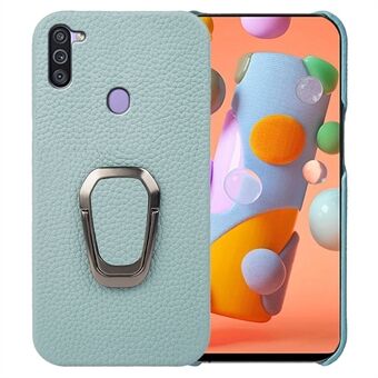Ring Kickstand Phone Cover for Samsung Galaxy A11 (EU Version), Litchi Texture Anti-drop Genuine Leather Coated PC Case
