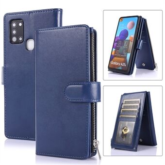 Leather Phone Cover Shell with Nine Card Slots and Zippered Cash Pocket for Samsung Galaxy A21s