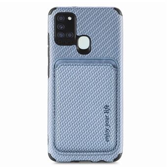 For Samsung Galaxy A21s Phone Case Carbon Fiber Texture PU Leather + TPU + PVC Anti-wear Cover with Magnetic Absorption Detachable Card Holder