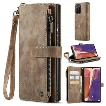 CASEME C30 Series Phone Wallet Case for Samsung Galaxy Note20 5G / 4G, Scratch-resistant Zipper Pocket Mobile Phone Cover Stand with Handy Strap and Multiple Card Slots