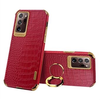 For Samsung Galaxy Note20 Ultra 5G/4G 6D Electroplated Ring Kickstand Phone Cover Crocodile Texture PU Leather Coated TPU Case