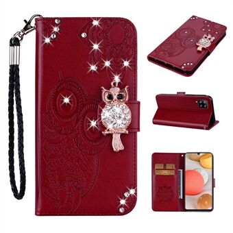 Rhinestone Decoration Imprint Owl Leather Shell Wallet Stand Phone Cover for Samsung Galaxy A42 5G