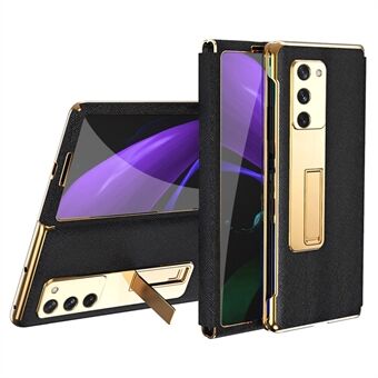 Kickstand Cross Texture Hybrid Hard PC Soft PU Leather Electroplating Phone Case with Tempered Glass Screen Protector for Samsung Galaxy Z Fold2 5G