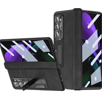For Samsung Galaxy Z Fold2 5G Hinge Protection Kickstand Case Nappa Texture PU Leather + PC Shockproof Phone Cover with Tempered Glass Film