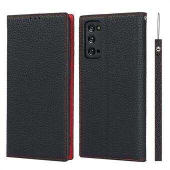 Litchi Texture Stand Genuine Leather Case with Strap for Samsung Galaxy S20 FE/S20 FE 5G/S20 Lite/S20 FE 2022 - Black