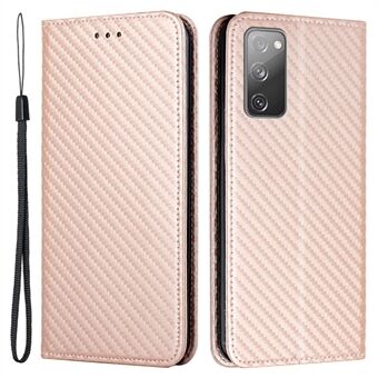Wallet Design Carbon Fiber Texture Stand Auto-absorbed Leather Case Cover with Hand Strap for Samsung Galaxy S20 FE 2022/S20 FE 4G/5G/S20 Lite
