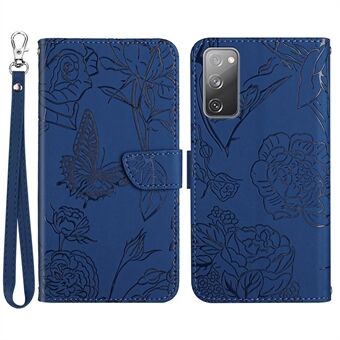 For Samsung Galaxy S20 FE 2022/S20 FE/S20 Fan Edition/S20 FE 5G/S20 Fan Edition 5G Butterfly Flower Imprinted Wallet Flip Case PU Leather Wrist Strap Stand Skin-touch Feeling Phone Cover