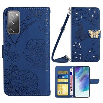 For Samsung Galaxy S20 FE / S20 FE 5G / S20 FE 2022 / S20 Lite Rhinestone Decor Leather Case Butterfly Flowers Imprinted Phone Stand Wallet Cover with Shoulder Strap