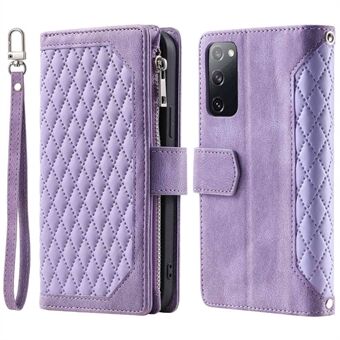 005 Smartphone Cover for Samsung Galaxy S20 FE 2022 / S20 Lite / S20 FE 5G / 4G, Handy Strap Rhombus Grid Textured PU Leather Zipper Pocket Stand Wallet Case