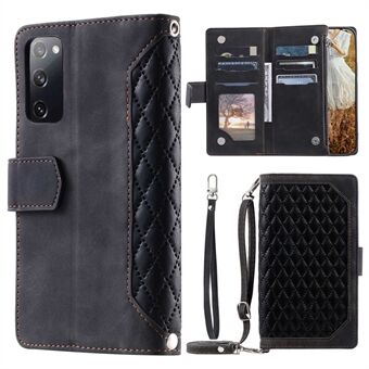 005 Style For Samsung Galaxy S20 FE 4G / 5G / S20 FE 2022 / S20 Lite, PU Leather Anti-scratch Rhombus Texture Phone Case Zipper Pocket Wallet Stand Cover with Lanyard / Strap