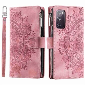 For Samsung Galaxy S20 FE 4G  /  5G  /  S20 FE 2022  /  S20 Lite Zipper Pocket Phone Case, Anti-fall Mandala Flower Imprinted PU Leather Stand Cover Multiple Card Slots Wallet